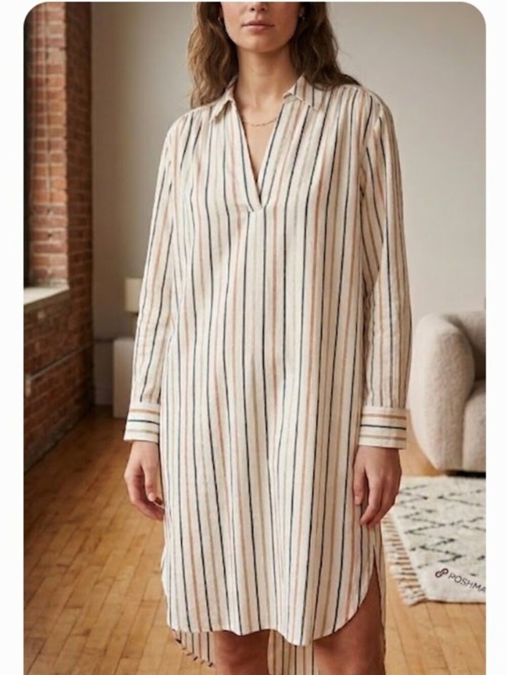 Munthe Long Sleeve Cotton Tshirt Dress Pullover Neutral Cream Metallic